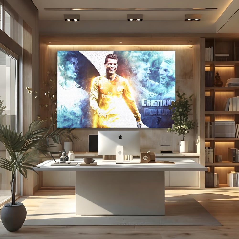 Tablou canvas cu tablou canvas cu cristiano ronaldo, fara rama, pe sasiu de lemn, pe perete intr-un birou